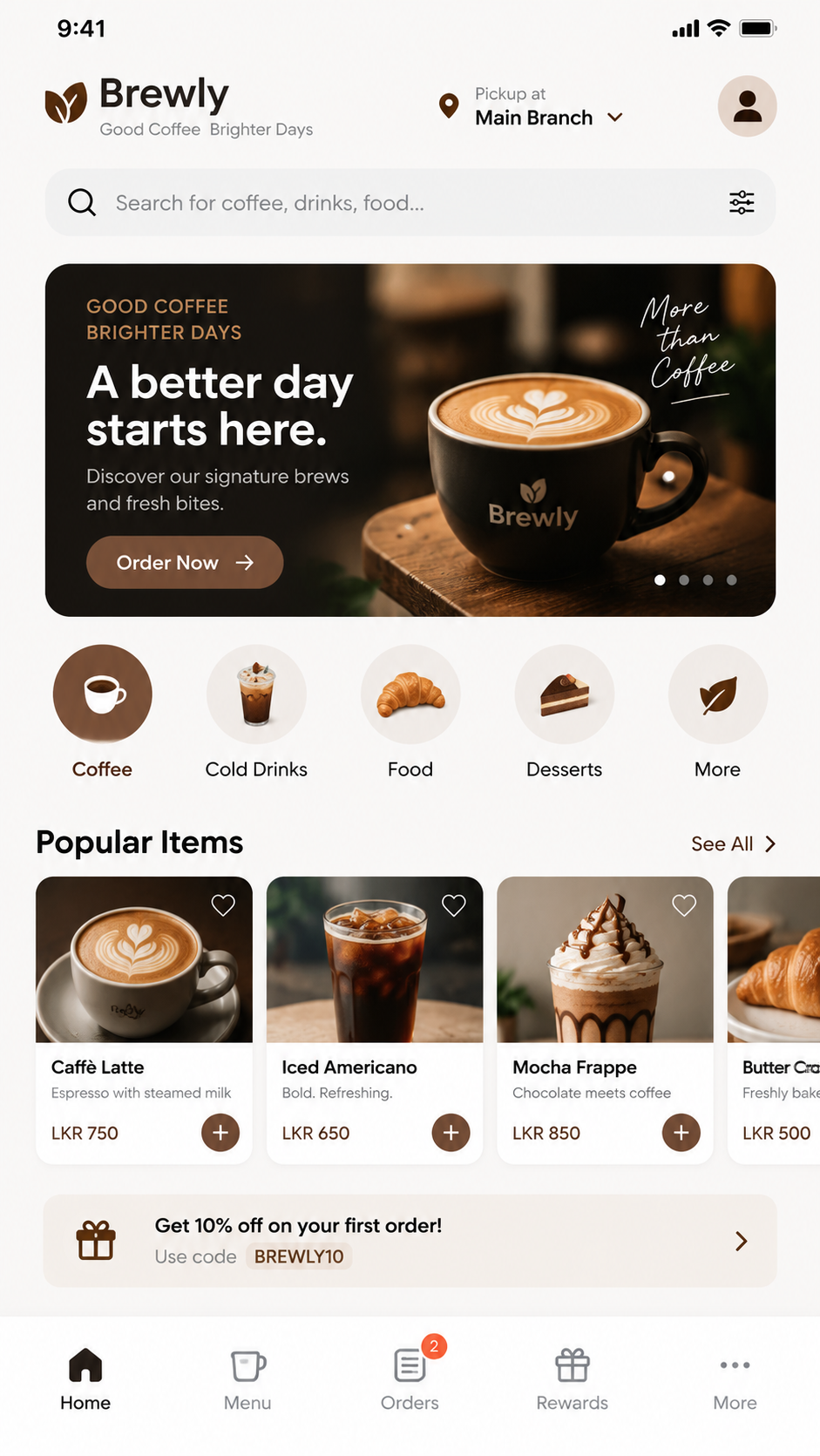 Brewly coffee shop mobile application interface